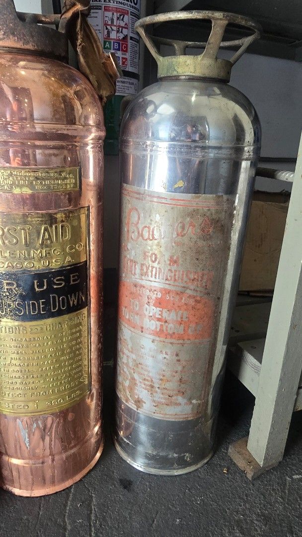 Vintage Copper and Chrome Fire Extinguishers Collection (Category: Vintage Collectibles) located in Las Pinas. Submitted by raquelfran06087 (Listing ID 1465304702, Image 3). Description: - Vintage fire extinguishers for sale, featuring classic copper and chrome models - Includes trusted brands like First Aid, Red Star, and Badger - Designed with heavy brass-like top handles and authentic metal bodies - Retains original stamped operating instructi