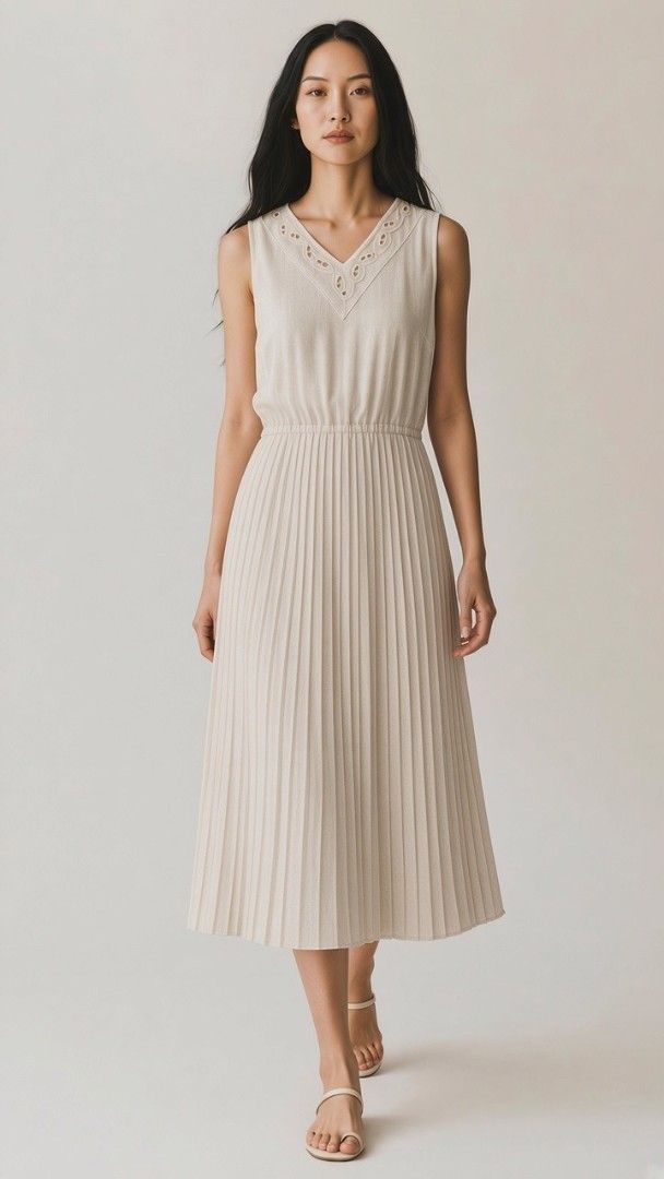 Vintage Cream Dress (Category: Dresses) located in Makati City. Submitted by lolachicph (Listing ID 1465235382, Image 1). Description: MEASUREMENTS (inches) Length: 41 laid flat Waist: 24-28 elastic Chest: 15 laid flat armpit to armpit Shipping: GRAB/LALA/ANGKAS booked and paid for by the buyer. Location: Legaspi Village Makati -Color: Cream - Style: Sleeveless V-neck midi dress with eyelet embroidery. With lining on skirt, no lining on top. - Fi