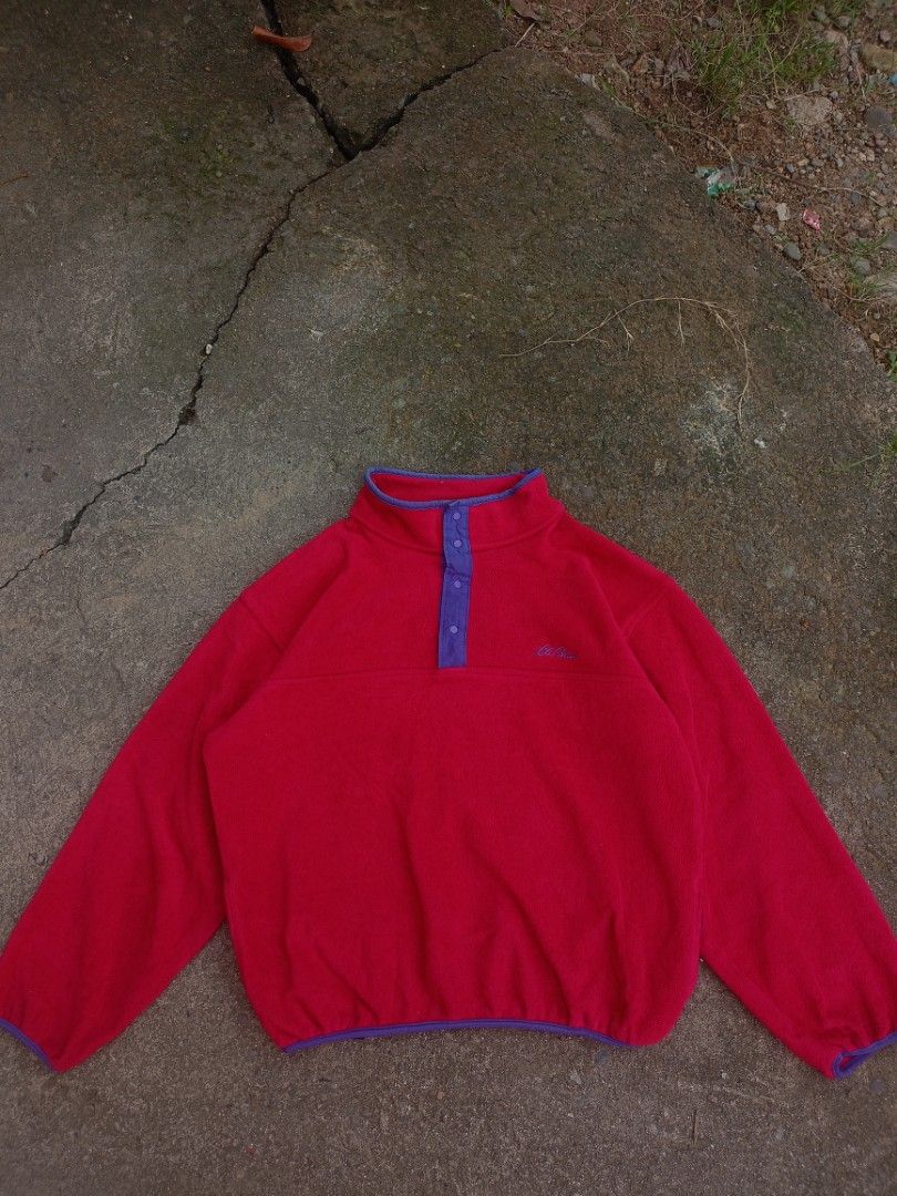 Vintage L.L. Bean Red Fleece Snap-Neck Pullover (Category: Coats, Jackets and Outerwear) located in Caloocan City. Submitted by reymartthrift (Listing ID 1465253572, Image 2). Description: Dimes 19x24 Kids size Medium adult size Small fit to medium No issue brand new condition Brand: L.L. Bean - Color: Bright red with stylish purple trim - Design: Snap-neck front placket with four snaps - Material: Soft, cozy.