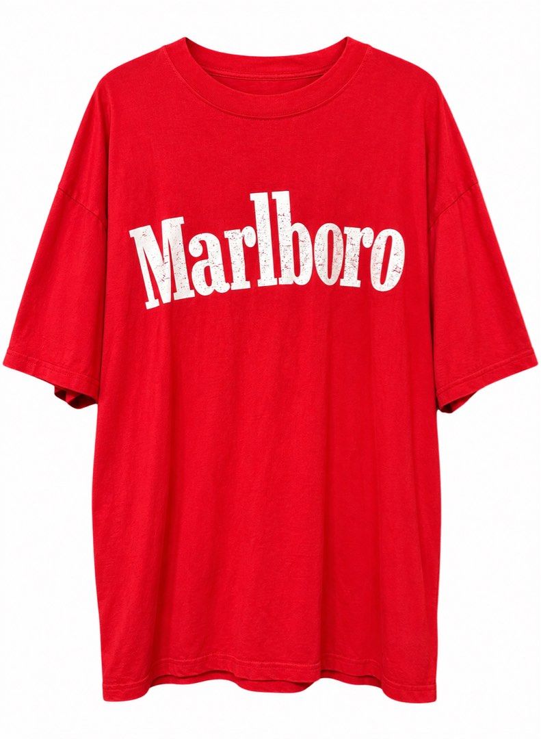 Vintage Marlboro Shirt (Category: Tshirts & Polo Shirts ) located in Manila. Submitted by 2002kid (Listing ID 1465065721, Image 1). Description: - Color: Bright red with a large white Marlboro logo - Material: Comfortable cotton - Style: Classic crew neck and short sleeves solid neckline Heavy Cotton - Condition: Clean, no stains or holes (tag is worn out) - Ready to wear! Dimes Width: 23 Length: 30 Issue: Cut tag No pinholes no loose stitch bran