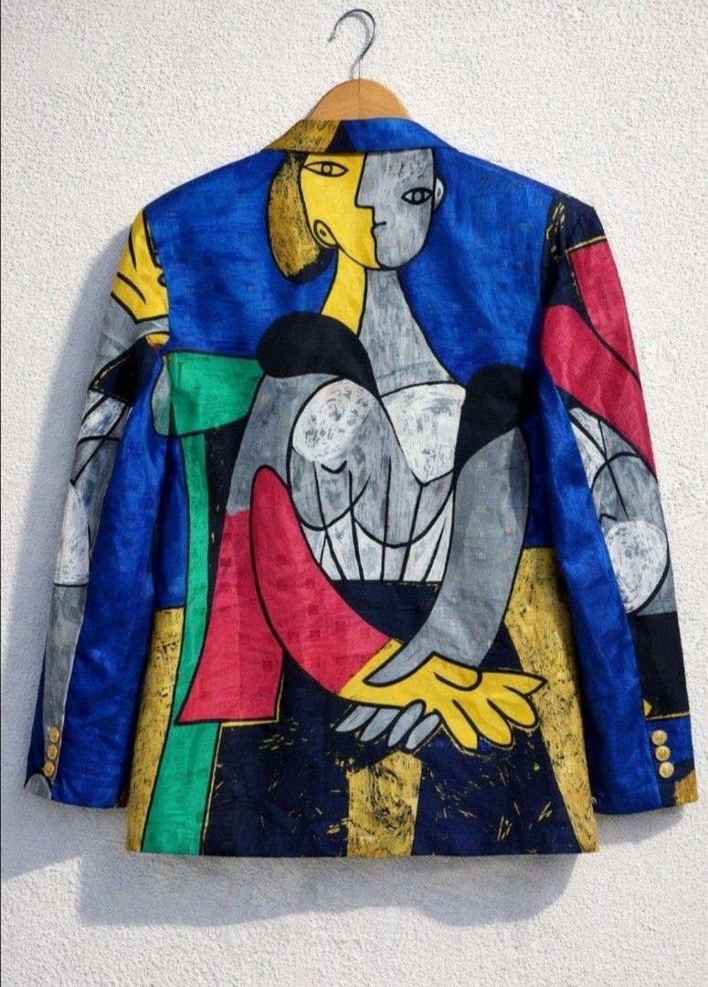 Vintage Picasso art blazer (Category: Coats, Jackets and Outerwear) located in Baguio. Submitted by luxeloomarchive (Listing ID 1465191505, Image 2). Description: Vintage Picasso "Muses" Art Blazer Size medium Very good condition Make a bold statement with this iconic piece of 1990s wearable art. This vibrant, satin-finish blazer features an all-over cubist print inspired by Picasso’s muses, set against rich royal blue and primary geometric block