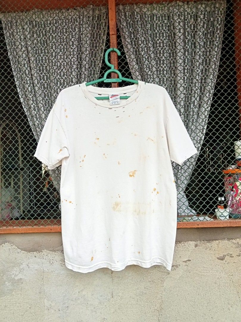 Vintage Triple-A Blank Distressed Trashed & Rush Stain (Category: Tshirts & Polo Shirts ) located in Cabadbaran. Submitted by reizen_ace051823 (Listing ID 1465193847, Image 1). Description: - trash condition - distressed, stain - size medium on tag - dimes L27 / W21 - model 5'9 / 78kg ( safe to stretch).