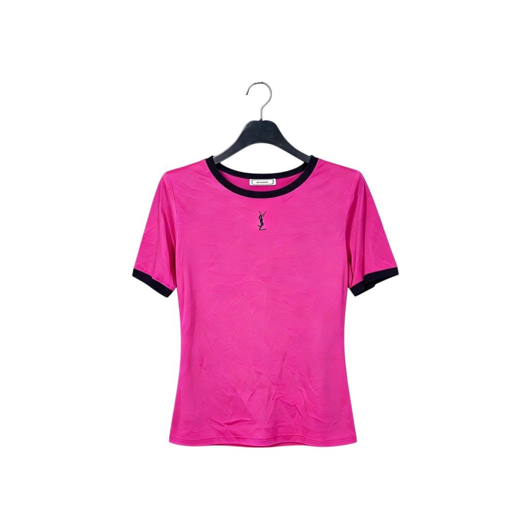 Vintage Yves Saint Laurent Pink Ringer (Category: Shirts) located in Leyte. Submitted by jpsrvd19 (Listing ID 1465296527, Image 1). Description: - Brand: Yves Saint Laurent (YSL) - Color: Vibrant pink with contrast black ribbing - Size: Medium (100% cotton) - Details: Embroidered YSL monogram logo on chest, classic woven neck and care tags - Condition: Soft and comfortable fit - Ideal for: Casual wear or YSL collectors.