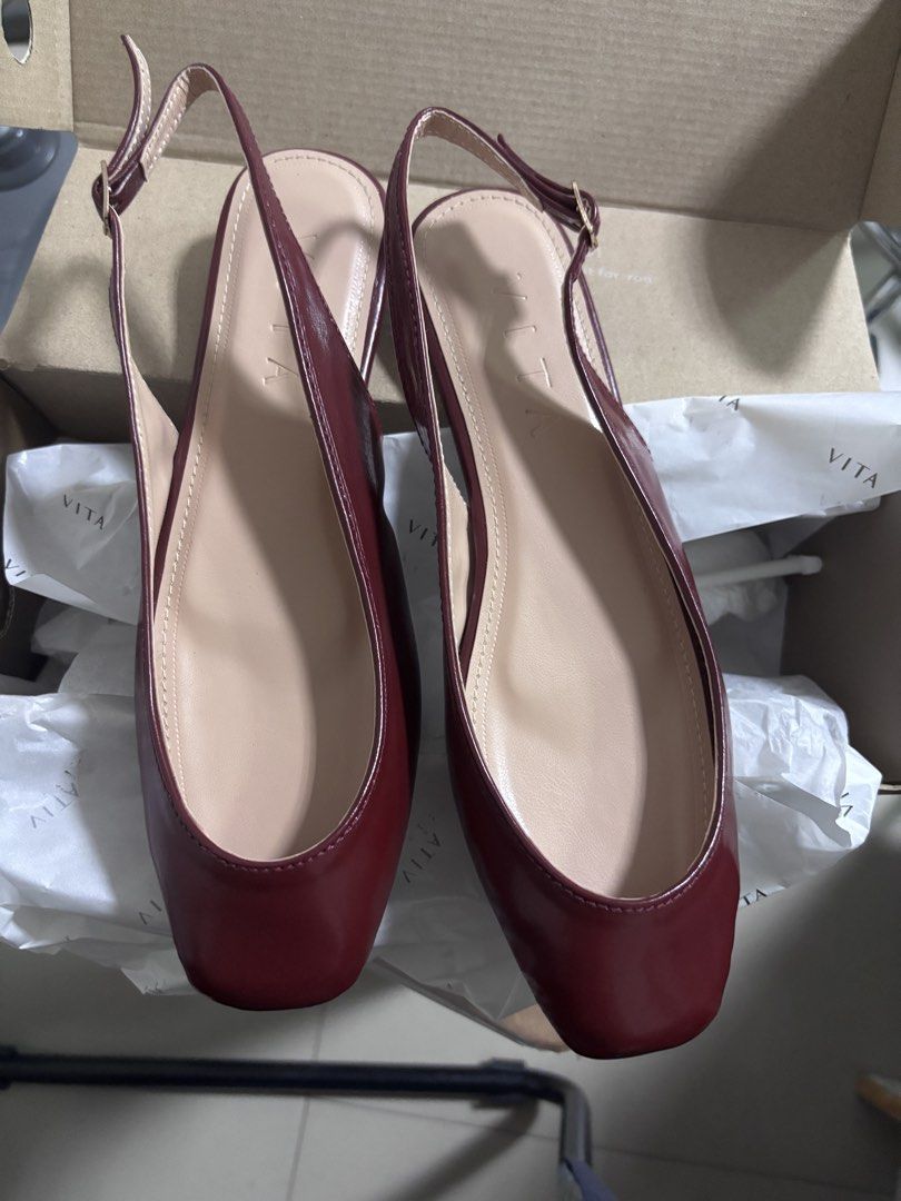 VITA Maroon Slingback (Category: Flats & Sandals) located in Manila. Submitted by tinedgc (Listing ID 1465173355, Image 1). Description: - Brand: VITA - Color: Maroon with neutral beige lining - Style: Slingback flats with square toe - Closure: Adjustable ankle strap with metal buckle - Condition: Brand new in original shoebox Price posted is the last price. Wag niyo na baratin pls haha .