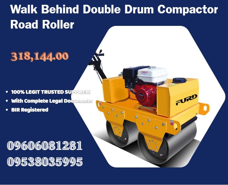 Walk Behind Double Drum Compactor Road Roller (Category: Everything Else Others) located in Caloocan City. Submitted by javierchec55656 (Listing ID 1465212743, Image 1). Description: ●Walk speed:0-4km/h ●Climbing capacity:30% ●Drive type: Hydraulic Station ●Vibration Control: Automatic ●Clutch Static linear load:53N/cm ●Vibration frequency:70HZ ●Exciting force:20KN ●Water tank:20L ●Hydraulic oil tank:21L ●Engine type: Honda gasoline ●GX270 Power: