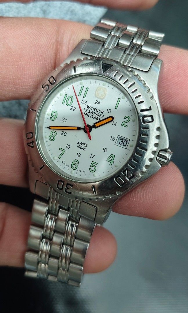Wenger Swiss Military (Category: Men's Watches) located in Cebu City. Submitted by aceoftime (Listing ID 1465362009, Image 3). Description: In good working condition Swiss Made Swiss analog quartz with date display All in stainless steel Watch only Our Guarantee: 💯 Authentic All watches are checked by our experienced technician to ensure good functionality Please manage your expectations since these are preloved watches some may show signs of us