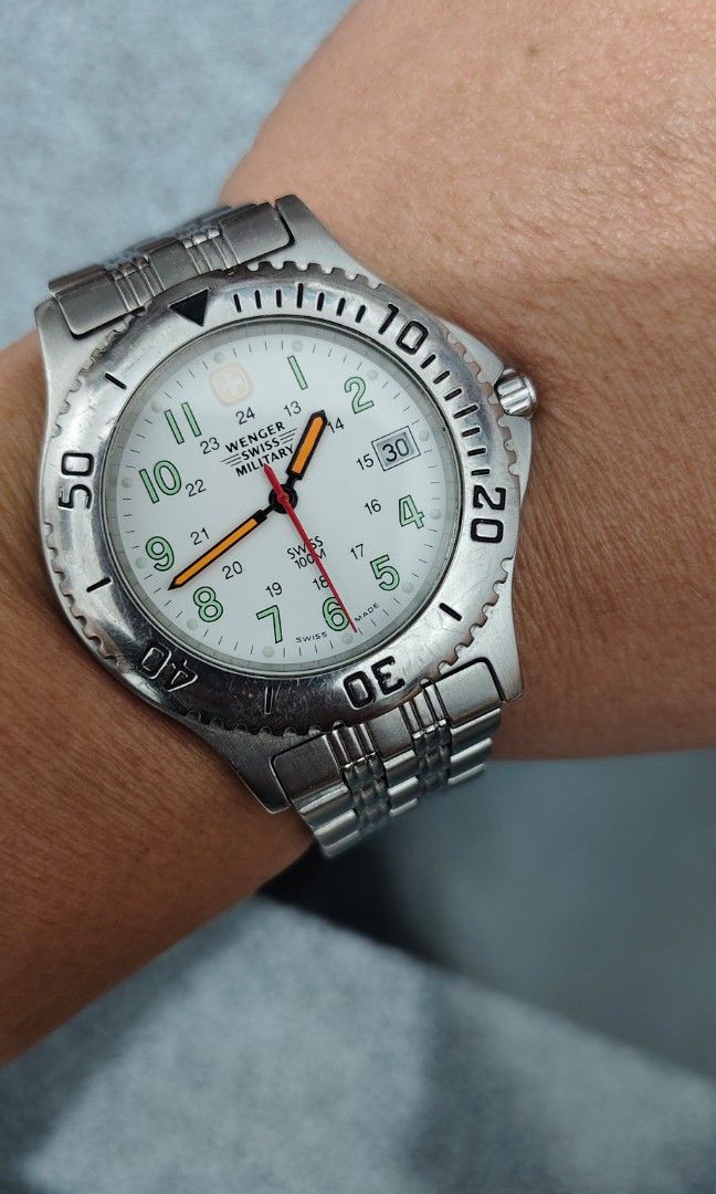 Wenger Swiss Military (Category: Men's Watches) located in Cebu City. Submitted by aceoftime (Listing ID 1465362009, Image 2). Description: In good working condition Swiss Made Swiss analog quartz with date display All in stainless steel Watch only Our Guarantee: 💯 Authentic All watches are checked by our experienced technician to ensure good functionality Please manage your expectations since these are preloved watches some may show signs of us