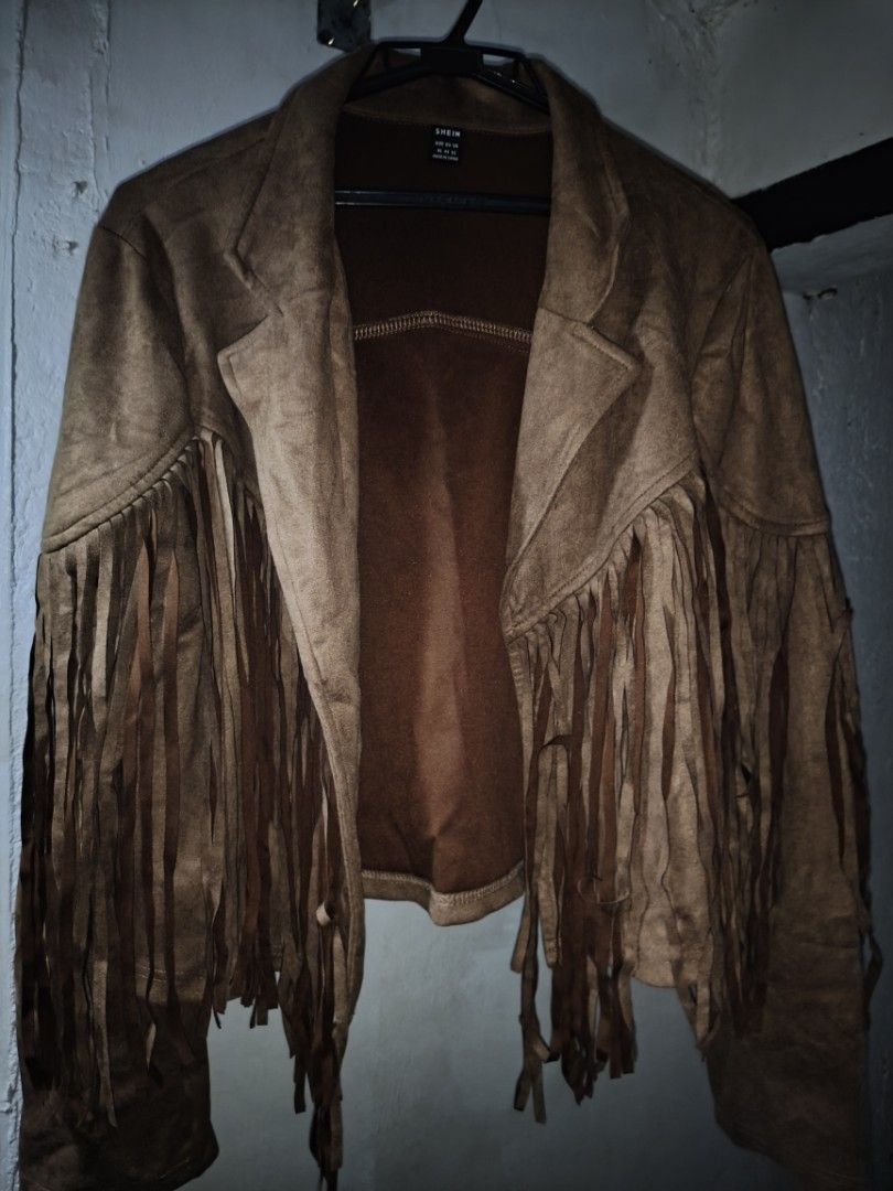 Western Style Fringe Jacket, Boots and Hat Bundle (Category: Coats, Jackets and Outerwear) located in Paranaque City. Submitted by bdlgy (Listing ID 1465324183, Image 3). Description: - Complete cowgirl or festival outfit set (everything pictured is included) - Shein brown suede-look fringe jacket (Size XL) - Matching brown fedora-style hat with a stylish braided accent - Cream white ankle boots featuring trendy chunky heels and convenient side z