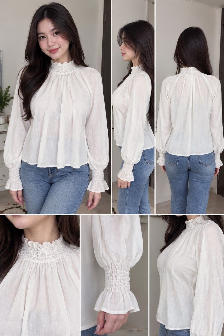 ✨ SHEIN White Mock Neck Smocked Cuff Blouse ✨ (Category: Longsleeves) located in Pasig City. Submitted by love_happybee (Listing ID 1465317200, Image 1). Description: ✨ SHEIN White Mock Neck Smocked Cuff Blouse ✨ - Brand: SHEIN - Size: XS on tag (Regular fit, woven fabric without stretch) - Style: Corporate Core, Office Wear, Casual Formal, Elegant Elegant - Features: Smocked high neckline, long sleeves with matching smocked cuffs The perfect sta