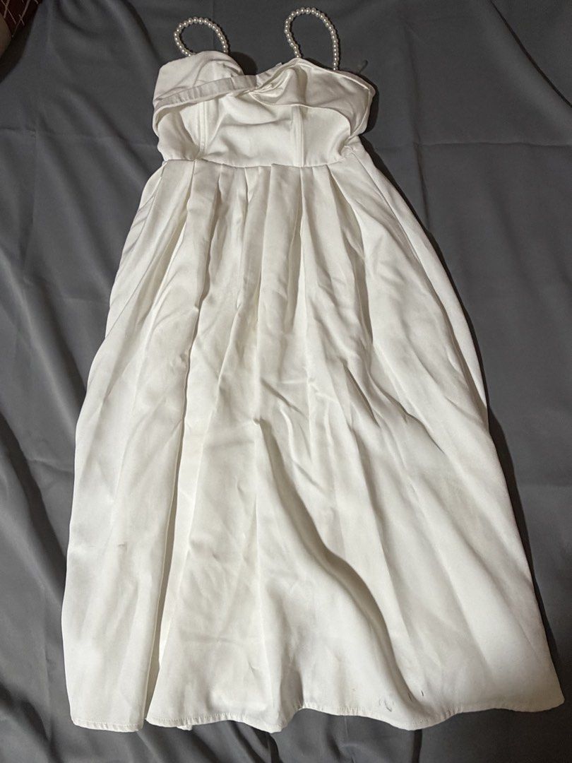 White pearl strapped dress (Category: Dresses) located in Caloocan City. Submitted by prelovedbyfe08 (Listing ID 1465313027, Image 1). Description: used once as a graduation dress 📍south caloocan sf shouldered by buyer.