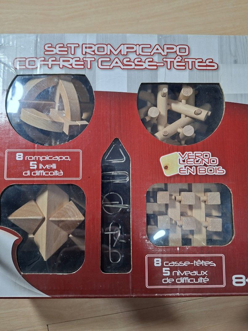 Wooden Puzzle Set 8 Brain Teasers 5 Difficulty Levels (Category: Board Games & Puzzles) located in Baguio. Submitted by restyrille77846 (Listing ID 1465307378, Image 1). Description: - Set of 8 brain teaser puzzles made of wood and metal - 5 progressive levels of difficulty for all skill levels - Includes interlocking wooden shapes, grid puzzles, and metal wire puzzles - Recommended for kids aged 8 and up, teens, and adults - Great gift idea and 