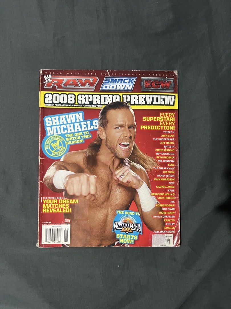 WWE Magazine 2008 Spring Preview Shawn Michaels (Category: Magazines) located in Manila. Submitted by shoptoji (Listing ID 1465307270, Image 1). Description: - 7.5-8.5/10 condition pm me for detailed pics - Rare WWE Magazine 2008 Spring Preview - Cover superstar: Shawn Michaels - Features Raw, SmackDown, and ECW content - Includes exclusive interviews with Triple H, John Cena, The Undertaker, and more - Packed with wrestler predictions and dream 