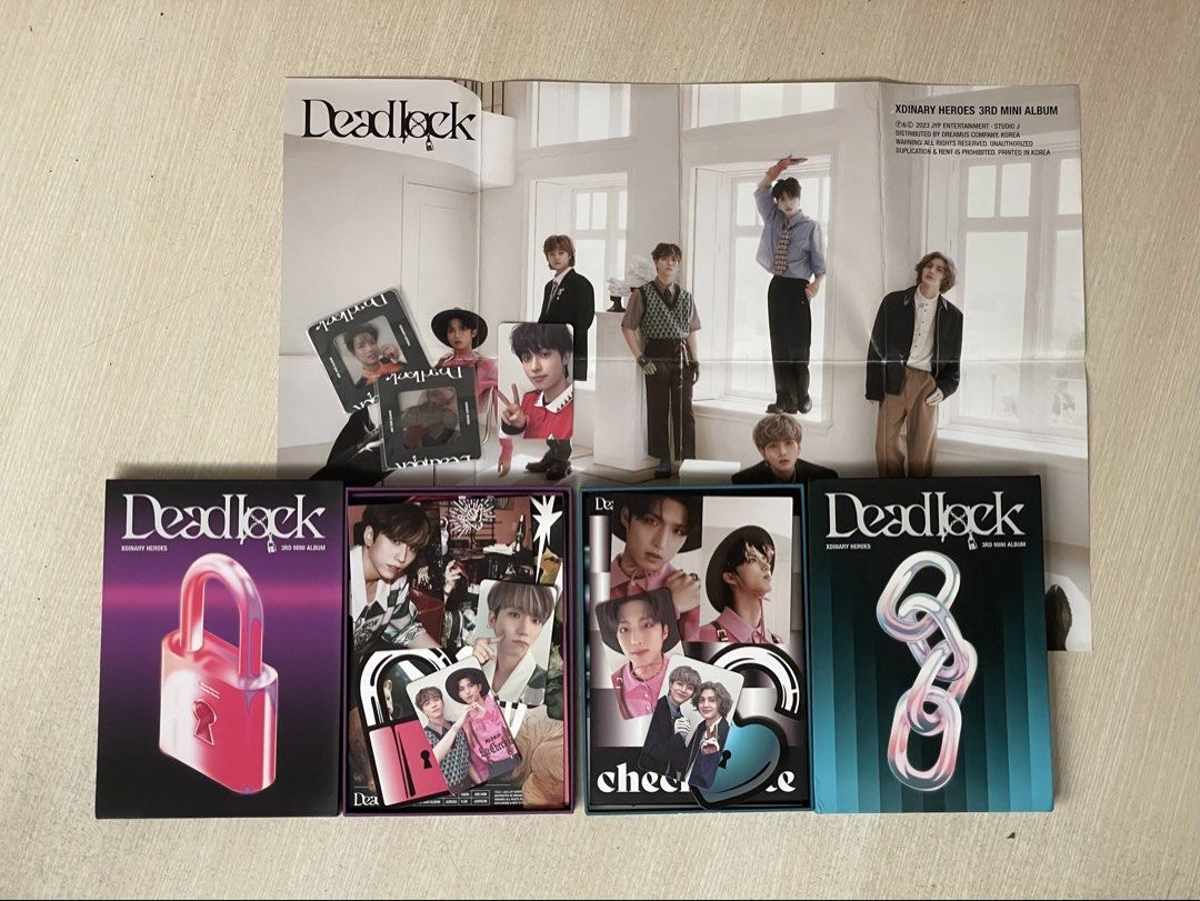 Xdinary Heroes Deadlock 3rd Mini Album Complete Set (Category: CDs & DVDs) located in Manila. Submitted by eliza.qzn (Listing ID 1465238876, Image 1). Description: RFS: Decluttering - Official JYP Entertainment Xdinary Heroes Deadlock 3rd mini album sets. - Complete with photo books, photocards, mini posters, and all inclusions: 3 Solo PCs, 2 Unit PCs, 2 Frame PCs (POBs), 1 Folded Poster. Get all for ₱850..