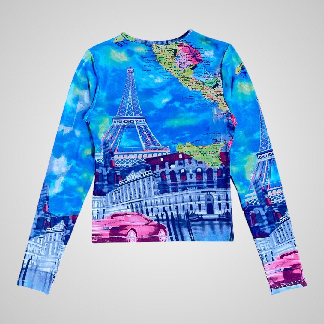 y2k mesh Map and Landmarks Print Long Sleeve Top (Category: Longsleeves) located in Calamba. Submitted by sellinggrannyscloset (Listing ID 1465374282, Image 3). Description: VINTAGE MESH EURO SIZE: S-M STRETCHABLE LENGTH: 20 WIDTH: 15 CONDITION: 9/10 ISSUE: MISSING TAG, DOT BLACK MARK NOT NOTICEABLE .