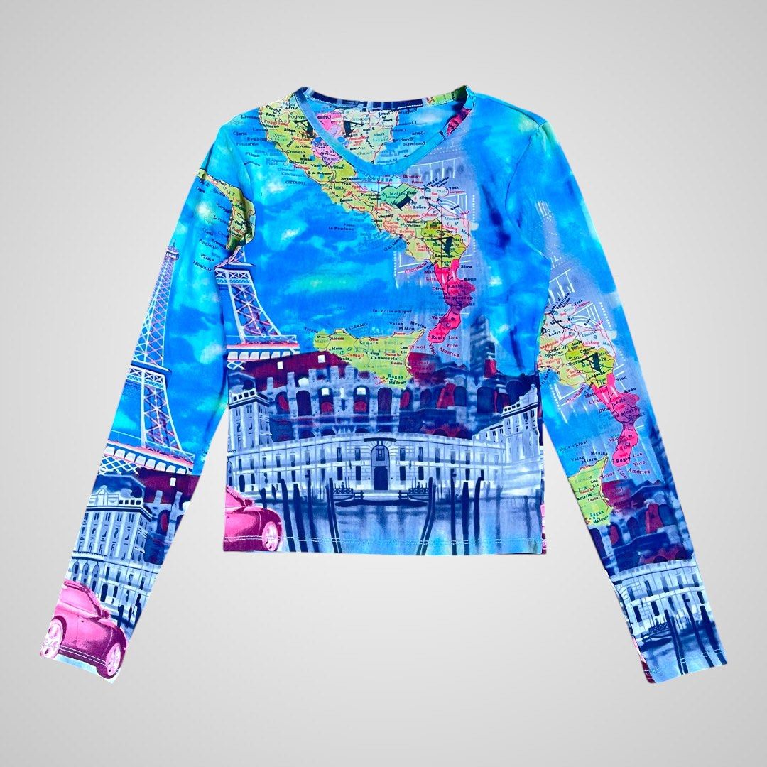 y2k mesh Map and Landmarks Print Long Sleeve Top (Category: Longsleeves) located in Calamba. Submitted by sellinggrannyscloset (Listing ID 1465374282, Image 1). Description: VINTAGE MESH EURO SIZE: S-M STRETCHABLE LENGTH: 20 WIDTH: 15 CONDITION: 9/10 ISSUE: MISSING TAG, DOT BLACK MARK NOT NOTICEABLE .
