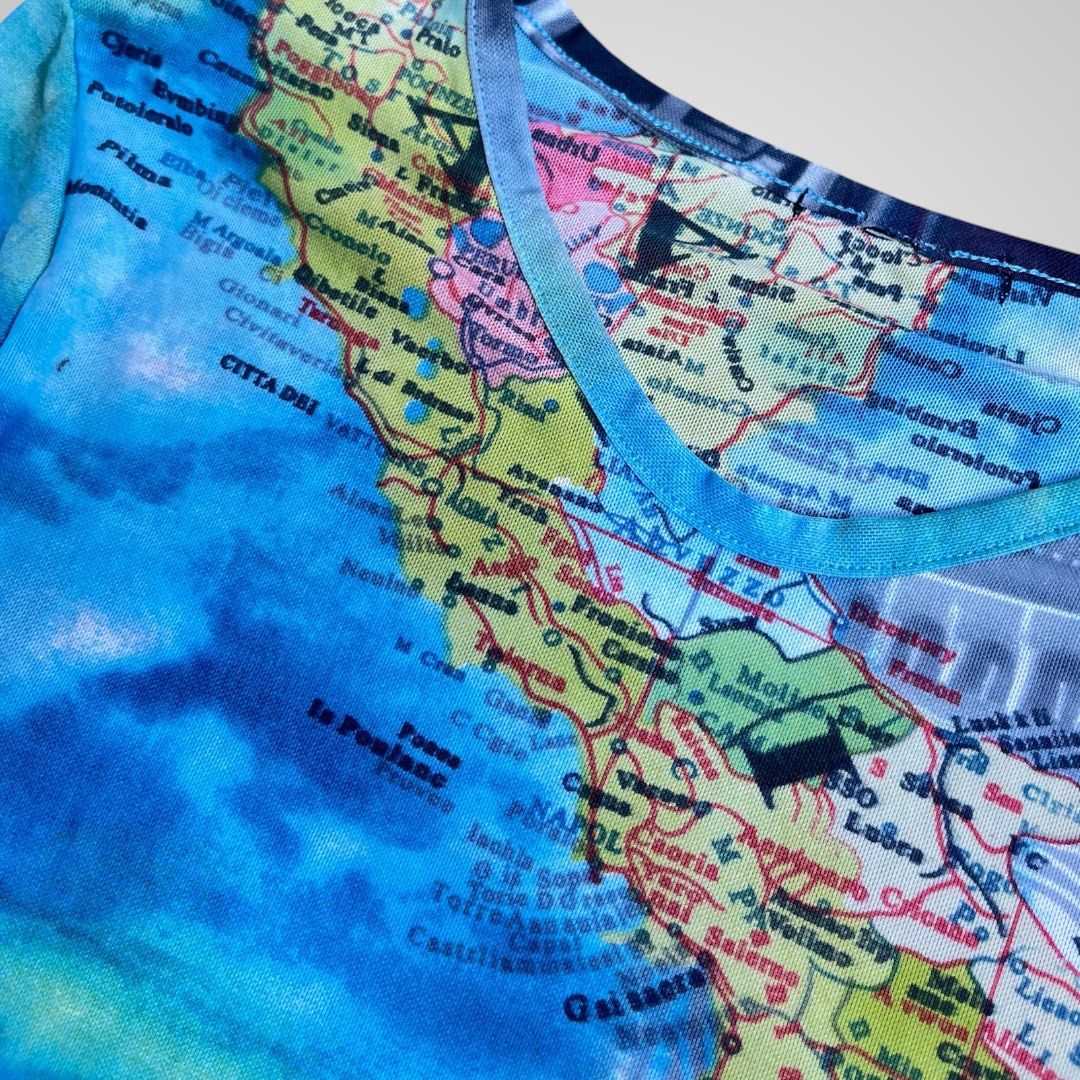 y2k mesh Map and Landmarks Print Long Sleeve Top (Category: Longsleeves) located in Calamba. Submitted by sellinggrannyscloset (Listing ID 1465374282, Image 2). Description: VINTAGE MESH EURO SIZE: S-M STRETCHABLE LENGTH: 20 WIDTH: 15 CONDITION: 9/10 ISSUE: MISSING TAG, DOT BLACK MARK NOT NOTICEABLE .