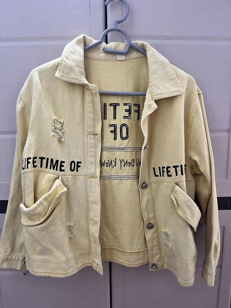 Yellow Denim Jacket (Category: Coats, Jackets and Outerwear) located in Caloocan City. Submitted by yukiipatootie_ (Listing ID 1465207610, Image 2). Description: - Style: Bold statement streetwear yellow denim jacket - Material: Lightweight denim, great for easy layering over tees and hoodies - Small to medium - Message for when worn.