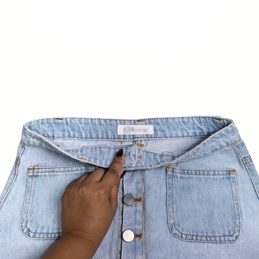 ZARA AUTHENTIC DENIM skirt (Category: Skirts) located in Baguio. Submitted by a.ugustt (Listing ID 1465253881, Image 2). Description: 27-28 | L: 15" hard denim | light blue not stretchable | high-waisted.
