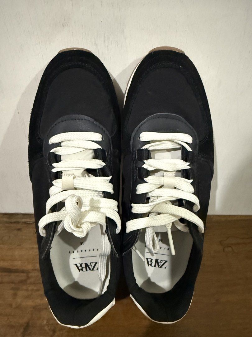 Zara Black Sneakers (Size 38) (Category: Sneakers) located in Bacoor. Submitted by jarciatrading (Listing ID 1465309697, Image 1). Description: size 38 womens suede/gamusa material ❗️needs cleaning on the sides of the soles, a bit of heel drag (but other than that, there are no other flaws).