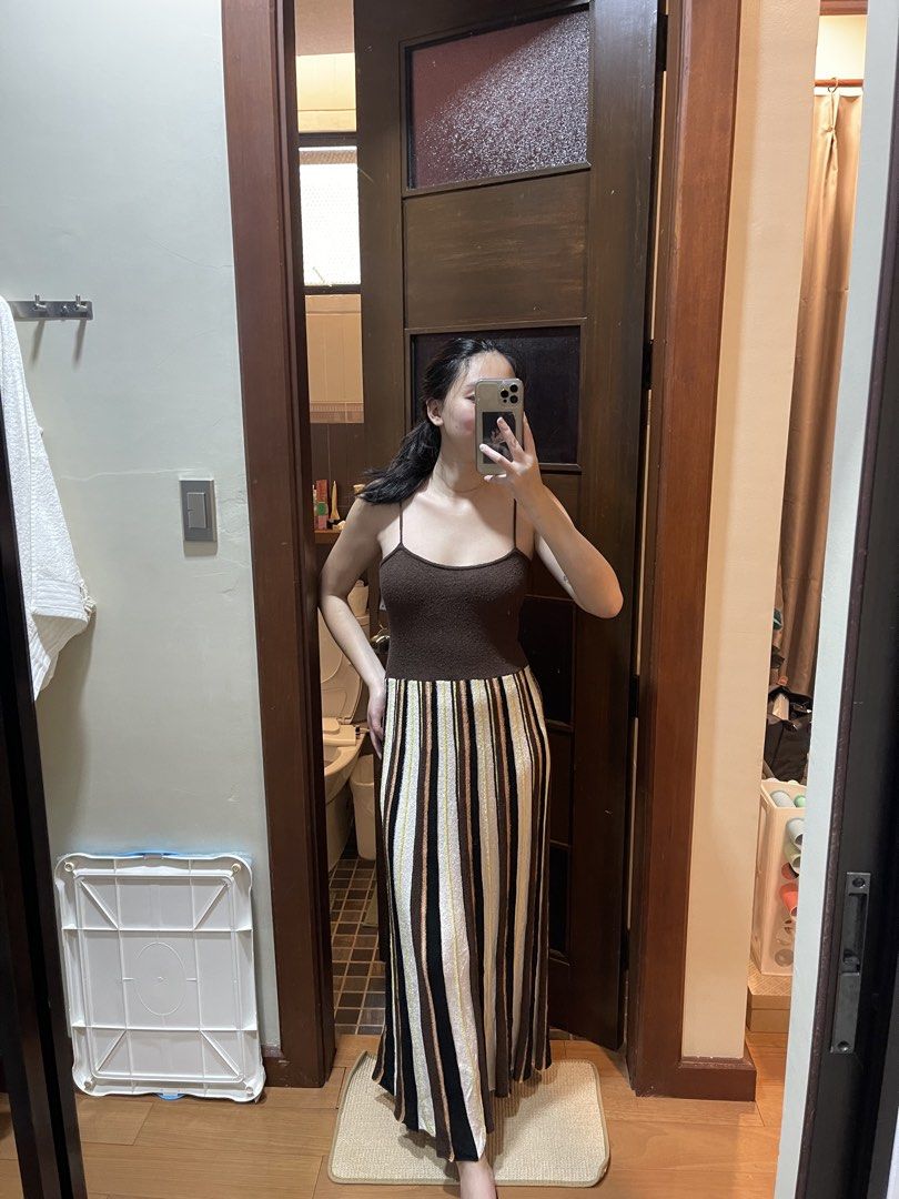 ZARA BNWT Rustic Striped Spaghetti Strap Midi Dress (Category: Dresses) located in Davao. Submitted by julyanna522 (Listing ID 1465223497, Image 2). Description: - Brand new w/ tag - Style: Brown knitted dress with spaghetti straps and scoop neckline - Fit: Midi length - Available size: Medium - Free shipping.