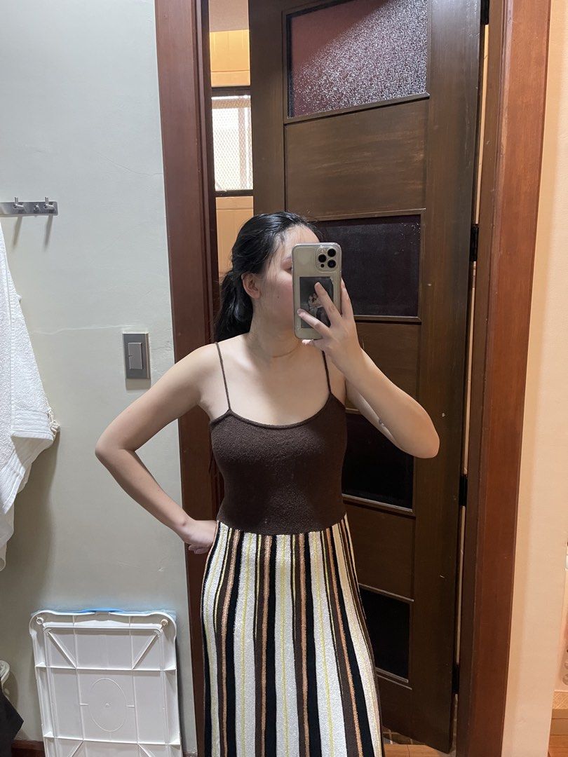 ZARA BNWT Rustic Striped Spaghetti Strap Midi Dress (Category: Dresses) located in Davao. Submitted by julyanna522 (Listing ID 1465223497, Image 3). Description: - Brand new w/ tag - Style: Brown knitted dress with spaghetti straps and scoop neckline - Fit: Midi length - Available size: Medium - Free shipping.