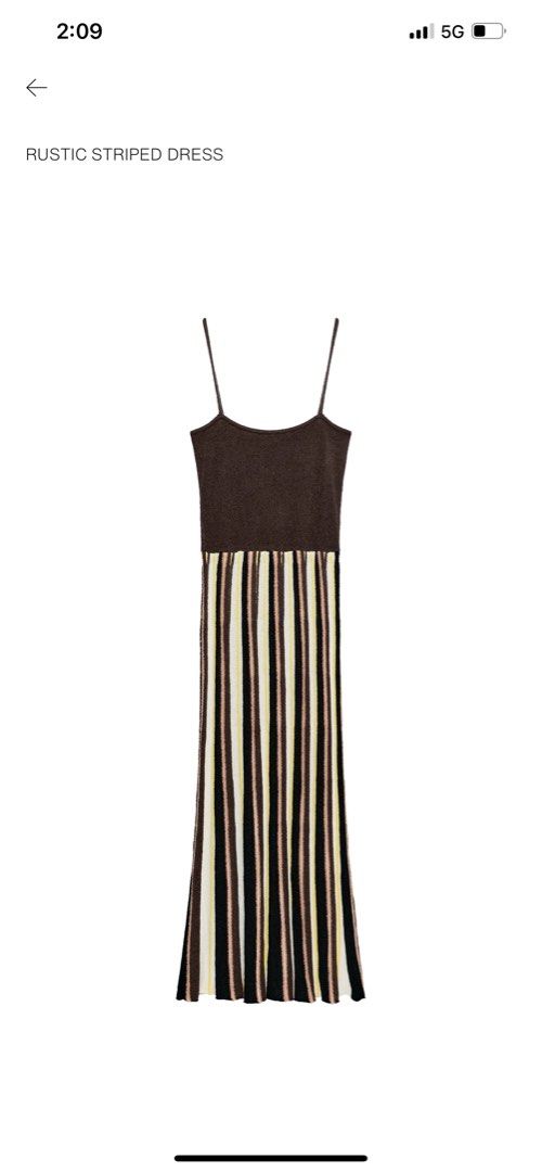 ZARA BNWT Rustic Striped Spaghetti Strap Midi Dress (Category: Dresses) located in Davao. Submitted by julyanna522 (Listing ID 1465223497, Image 1). Description: - Brand new w/ tag - Style: Brown knitted dress with spaghetti straps and scoop neckline - Fit: Midi length - Available size: Medium - Free shipping.
