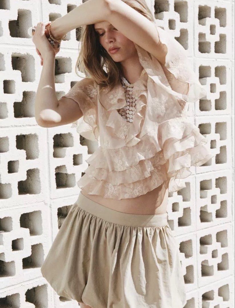 Zara Embroidered Ruffled Top (Category: Blouses) located in Olongapo. Submitted by aemax.cgtrading (Listing ID 1465247916, Image 2). Description: Used once only, few hours during dinner at a hotel. You can pair it with satin peachy trousers you can find in my list..