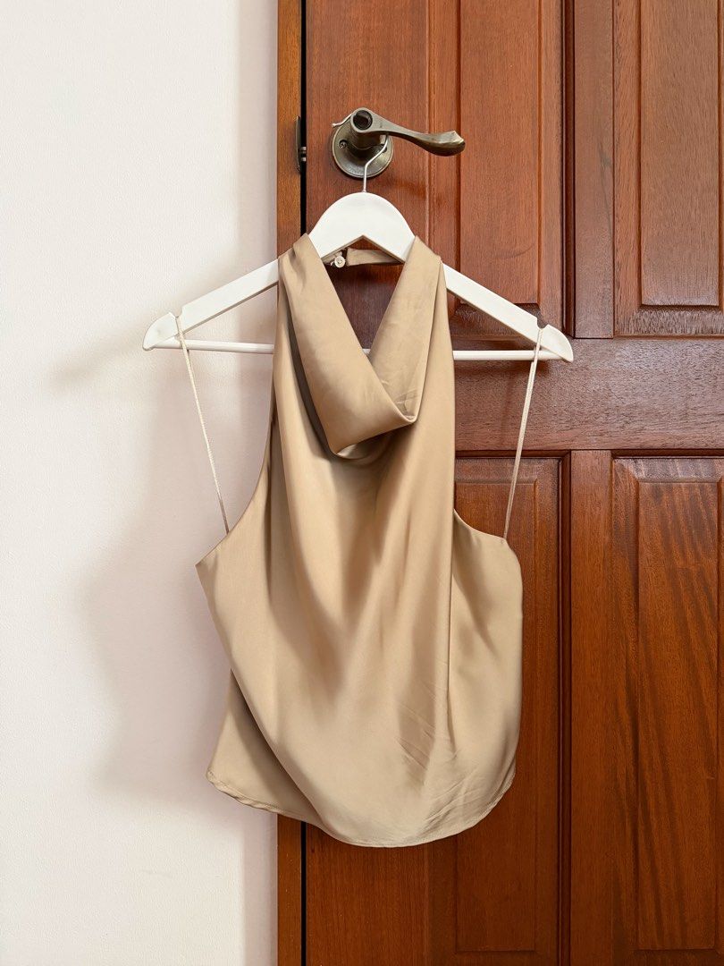 Zara Light Khaki Satin Halter Top (Category: Sleeveless) located in Paranaque City. Submitted by consciouscleanout (Listing ID 1465381412, Image 1). Description: Only worn to fit. Bought for 1,795.