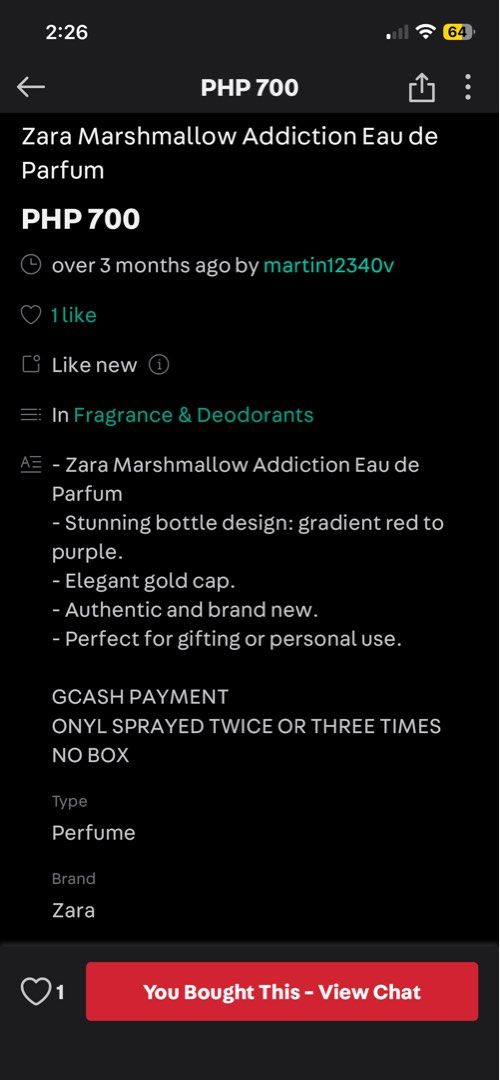 Zara Marshmallow Addiction Eau de Parfum (Category: Fragrance & Deodorants) located in Pasay City. Submitted by colazee (Listing ID 1465223892, Image 2). Description: Condition: Bought this on Carousell for P700 used it for a few days about 5% was used as seen in photo (no box included).