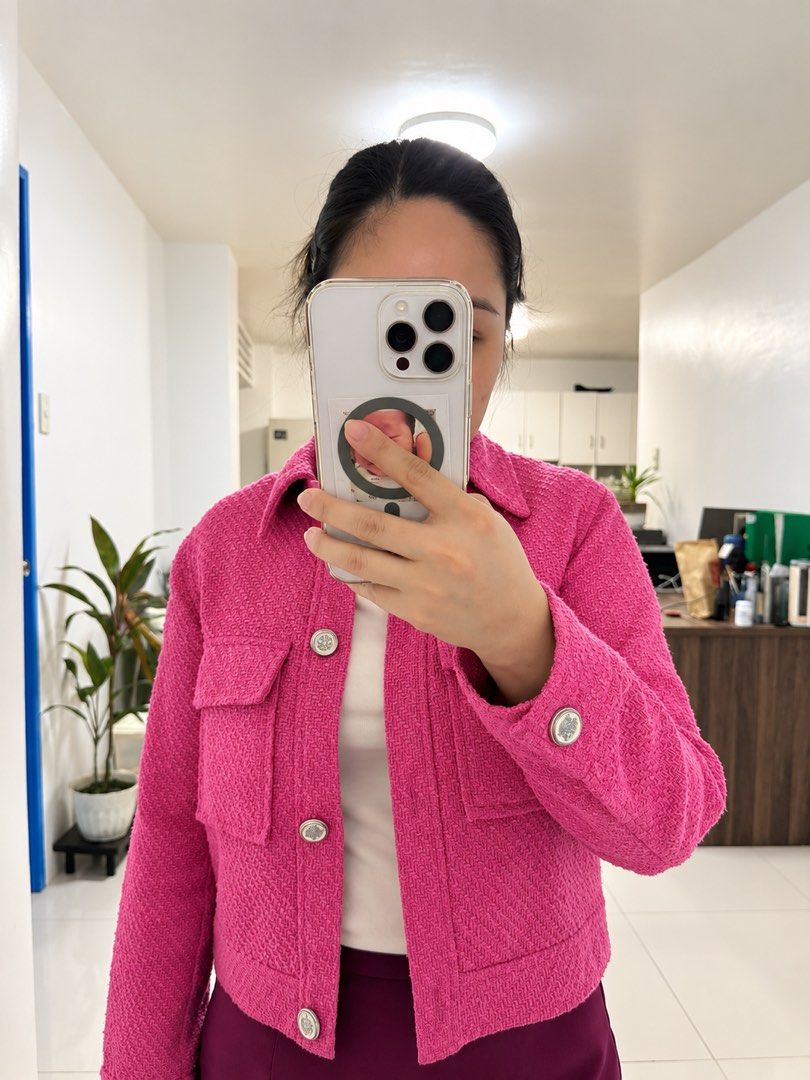Zara Pink Jacket (Category: Coats, Jackets and Outerwear) located in Manila. Submitted by marieladea47607 (Listing ID 1464462257, Image 3). Description: - Zara pink tweed cropped jacket - Button-up front - Two chest pockets - Button details on cuffs - Rarely used.