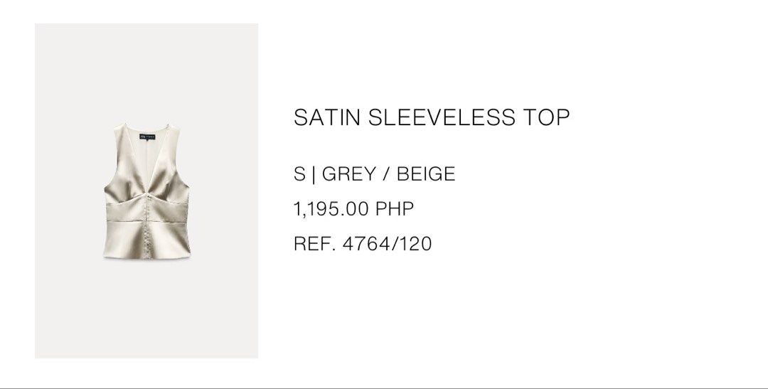 Zara Satin Sleeveless Top (Category: Blouses) located in Olongapo. Submitted by aemax.cgtrading (Listing ID 1465242588, Image 2). Description: Used once only, but damaged a little. Its unnoticeable though. Hook closure. .