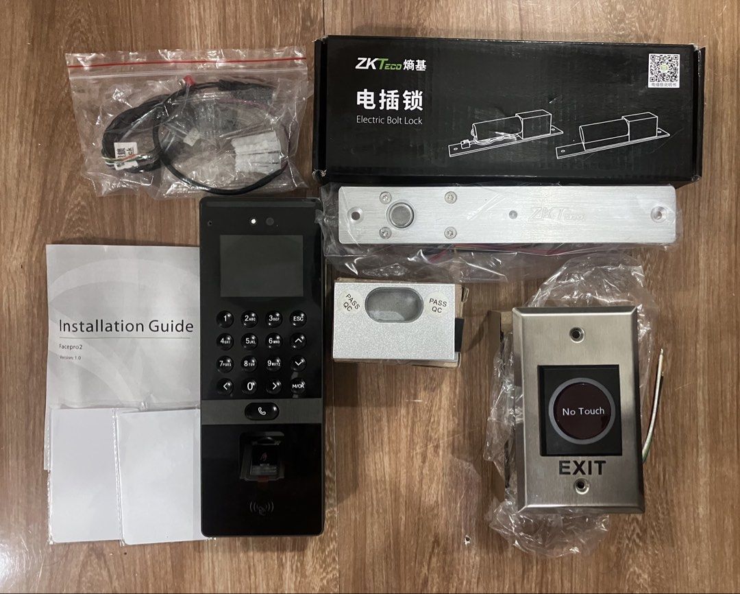 ZKTeco Facepro2 Access Control System Electric Bolt Lock Kit (Category: Locks, Doors & Gates) located in Manila. Submitted by graceannegarridogmail.com (Listing ID 1465364808, Image 1). Description: - Complete security access control kit for offices or rooms - ZKTeco Facepro2 terminal with biometric fingerprint and facial recognition - Includes ZKTeco electric bolt lock in box - Touchless exit button for hygienic and convenient leaving - Complete