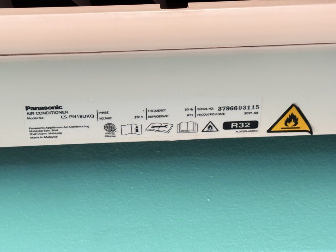 2.5hp Panasonic CS-PN18UKQ Air Conditioner (Category: Air Conditioning and Heating) located in Makati City. Submitted by raga2019 (Listing ID 1467036980, Image 2). Description: - Brand/Model: Panasonic CS-PN18UKQ Standard Indoor Wall Split Unit - Manufactured: March 2021 (Made in Malaysia) - Power Supply: 230V / 60 Hz - Refrigerant: Eco-friendly R32 - super cold/ Reason for selling- for upgrade Issue: louver not working.