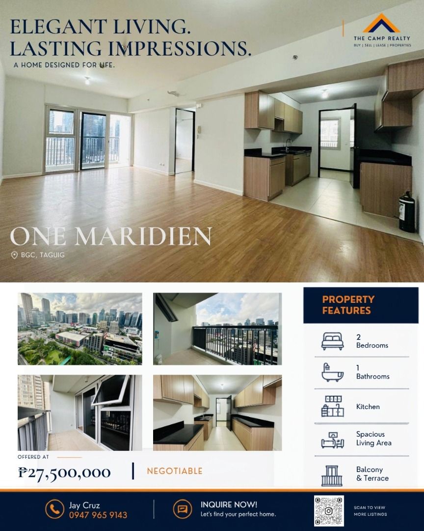 2BR ONE MARIDIEN BGC FOR SALE (Category: Apartments & Condos) located in Taguig. Submitted by jay.camprealty (Listing ID 1467139328, Image 1). Description: FOR SALE ONE MARIDIEN, BGC Property Details: Corner 2 Bedroom unit with Balcony Facing Terra Park 23rd Floor Basement Level 2 Parking Turnover Finish Never Been Occupied 93 SQM - Floor Area Selling Price: Php 27,500,000 firm price.