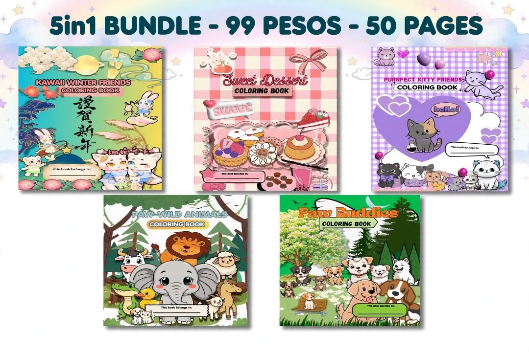 5in1 Kids Coloring Books (Category: Children's Books) located in Antipolo. Submitted by carmsy_12 (Listing ID 1467152741, Image 1). Description: DIGITAL PRODUCT - NO PHYSICAL ITEM Carm's Digital Creation Corner PH 🌙 WHAT YOU'LL GET: ✓ 5 PDF Coloring Books (10 pages each) ✓ 5 Different Cute Designs (as posted) ✓ Total 50 pages! ✓ Ready to Print - A4 / Letter size ✓ Instant Download PERFECT FOR: ✓ Home printing ✓ Pang-benta ng printed coloring boo