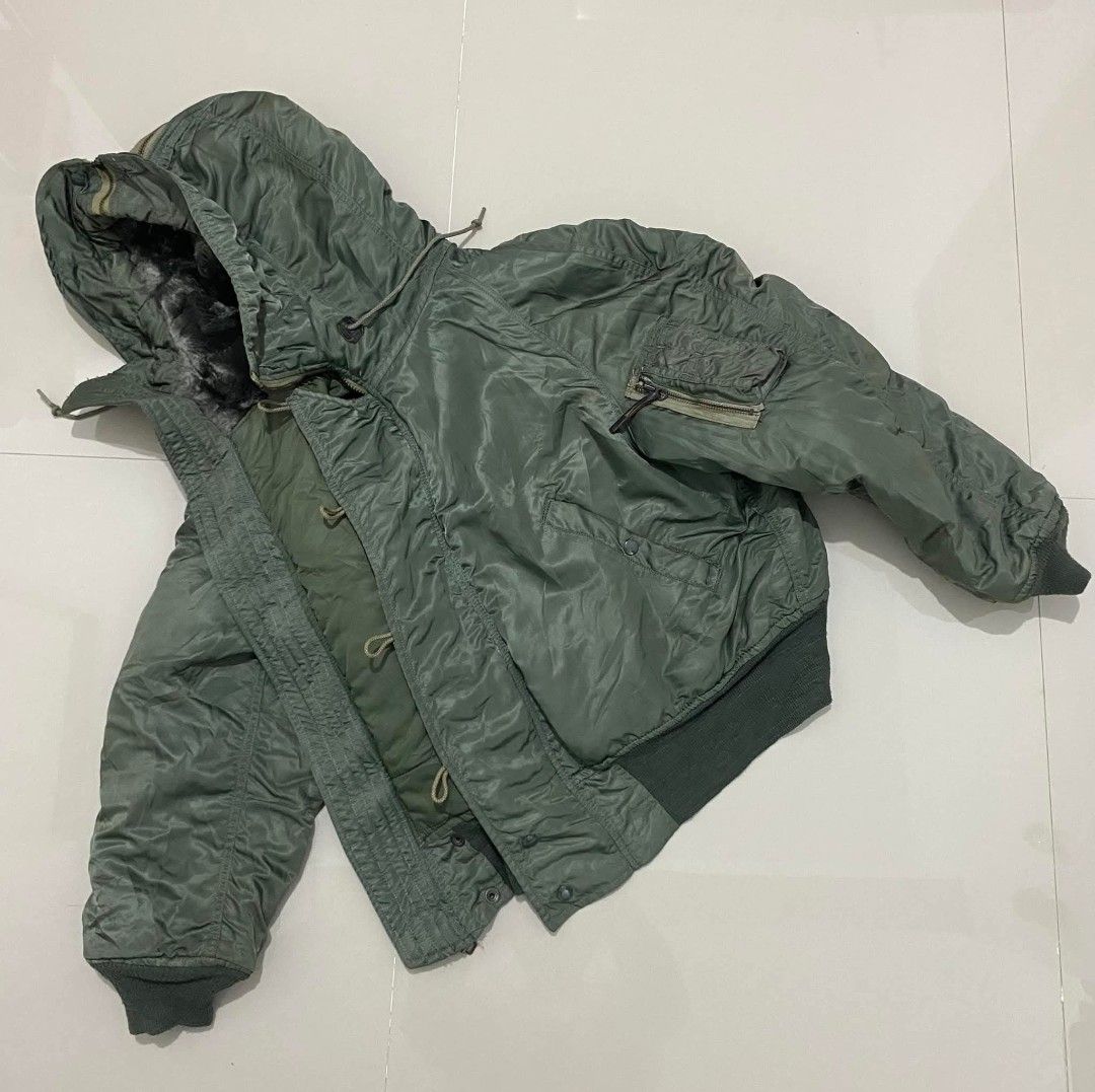 60s Cold War era* USAF N-2B Air Crew /Flight Jacket (Category: Coats, Jackets and Outerwear) located in Cabuyao City. Submitted by roronhilira (Listing ID 1467075561, Image 3). Description: 60s Cold War era* USAF N-2B Air Crew /Flight Jacket Attached Hood CONMAR ZIPPER Large on tag 25 pit to pit 25 length 21 shoulder to shoulder 22 sleeve length good condition minor issue distressed ribbings ( due to aged) missing 1botton front 2500 shipped DM 📥