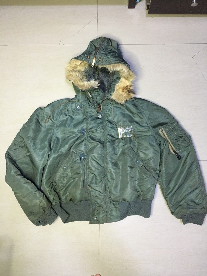 60s Cold War era* USAF N-2B Air Crew /Flight Jacket (Category: Coats, Jackets and Outerwear) located in Cabuyao City. Submitted by roronhilira (Listing ID 1467075561, Image 1). Description: 60s Cold War era* USAF N-2B Air Crew /Flight Jacket Attached Hood CONMAR ZIPPER Large on tag 25 pit to pit 25 length 21 shoulder to shoulder 22 sleeve length good condition minor issue distressed ribbings ( due to aged) missing 1botton front 2500 shipped DM 📥