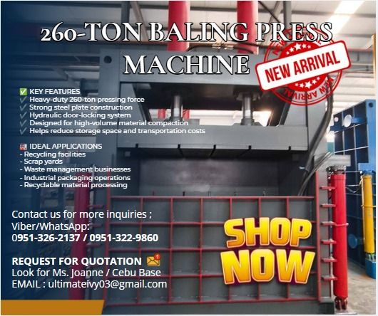 ♻️ 260-TON BALING PRESS MACHINE FOR SALE (Category: Industrial Equipment) located in Caloocan City. Submitted by joanna165_ocean (Listing ID 1467065883, Image 1). Description: 💰 Price: ₱1,852,500.00 Looking for a heavy-duty baling solution for your recycling or industrial business? The 260-Ton Vertical Baling Press Machine is designed to compress recyclable materials into compact bales for easier handling, storage, and transportation. ⚙️ PRODUCT