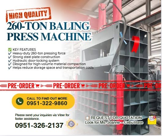 ♻️ 260-TON BALING PRESS MACHINE FOR SALE (Category: Industrial Equipment) located in Caloocan City. Submitted by cleverdog_5a203a (Listing ID 1467066398, Image 1). Description: 💰 Price: ₱1,852,500.00 Looking for a heavy-duty baling solution for your recycling or industrial business? The 260-Ton Vertical Baling Press Machine is designed to compress recyclable materials into compact bales for easier handling, storage, and transportation. ⚙️ PRODUC