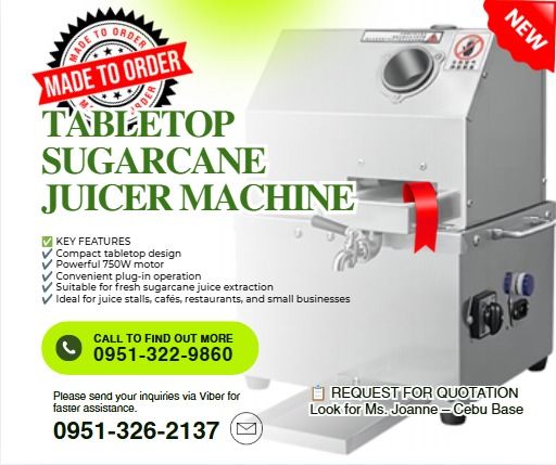🍹 CLASSIC TABLETOP SUGARCANE JUICER FOR SALE (Category: Industrial Equipment) located in Caloocan City. Submitted by gywnnesher68219 (Listing ID 1466973928, Image 1). Description: 💰 Price: ₱82,350.00 Fresh sugarcane juice made easy! 🌿 Perfect for juice businesses, cafés, restaurants, and commercial beverage stalls. ⚙️ PRODUCT SPECIFICATIONS ✨ Machine Type: Classic Tabletop Sugarcane Juicer ✨ Machine Size: 340 × 320 × 500 mm ✨ Power: 750 W ✨ Vo