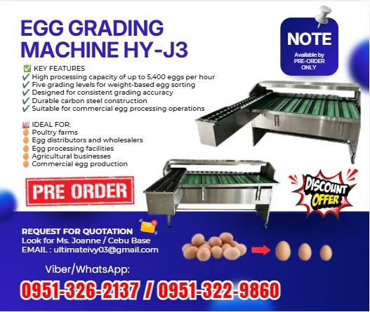 🥚 EGG GRADING MACHINE HY-J3 FOR SALE! (Category: Everything Else Others) located in Caloocan City. Submitted by vedadacian34812 (Listing ID 1467066084, Image 1). Description: 💰 Price: ₱680,533.00 Looking for an efficient solution for your egg business? 🐣 The HY-J3 Egg Grading Machine is designed to sort and grade eggs according to their weight, helping improve productivity and consistency in egg processing operations. ⚙️ PRODUCT SPECIFICATIONS