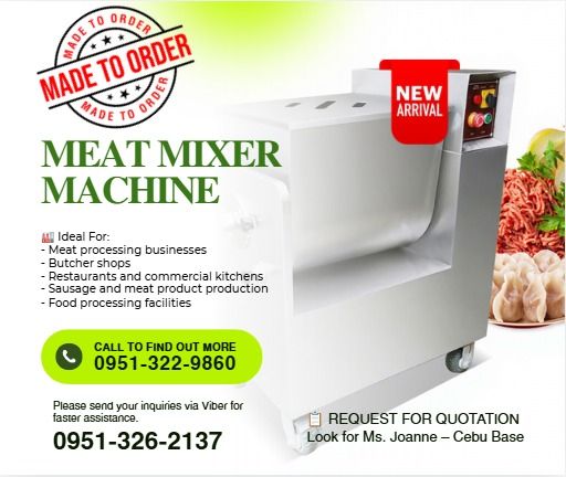 🥩 MEAT MIXER MACHINE FOR SALE (Category: Everything Else Others) located in Caloocan City. Submitted by gywnnesher68219 (Listing ID 1466974049, Image 1). Description: 💰 Price: ₱128,700.00 ✨ Machine Specifications: - Capacity: 35 kg / 50 L - Dimensions: 79 × 58 × 109 cm - Voltage: 220V / 50Hz - Power: 0.75 kW - Weight: 136 kg ⚙️ Features & Functions ✅ Food-Grade Construction: All parts in contact with food are made of stainless steel or similar 