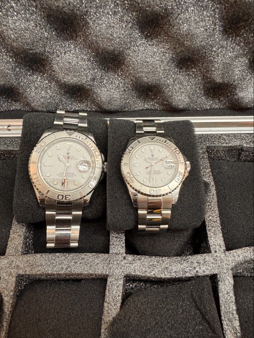 ⌚ ROLEX YACHT-MASTER — HIS & HERS (Category: Luxury Watches) located in Quezon City. Submitted by jamescarlos_2025 (Listing ID 1465176142, Image 2). Description: Matching Rolex Yacht-Master Pair — Vintage Collection 👨 HIS: Rolex Yacht-Master 40mm Ref. 16622 • Stainless Steel & Platinum • Silver/Platinum dial • Oyster bracelet • Date with Cyclops • Rolex guarantee dated November 15, 2000 👩 HERS: Rolex Yacht-Master 35mm Ref. 168622 • Stainless St