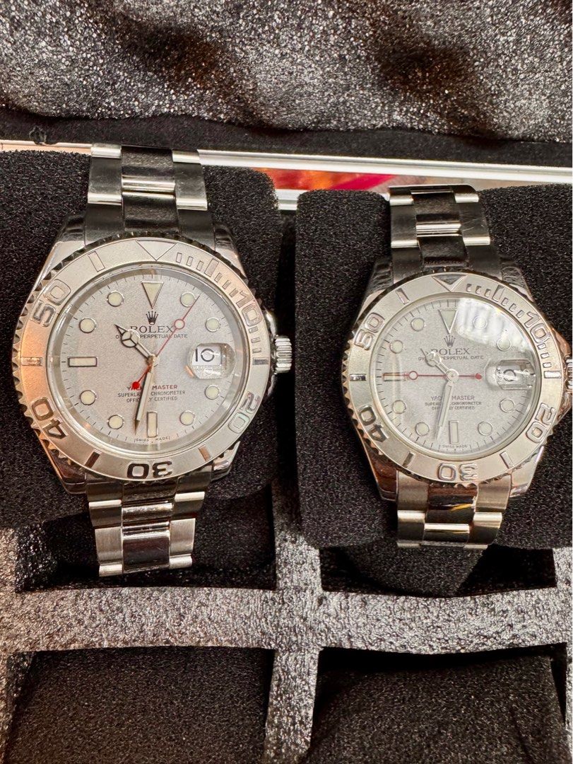 ⌚ ROLEX YACHT-MASTER — HIS & HERS (Category: Luxury Watches) located in Quezon City. Submitted by jamescarlos_2025 (Listing ID 1465176142, Image 1). Description: Matching Rolex Yacht-Master Pair — Vintage Collection 👨 HIS: Rolex Yacht-Master 40mm Ref. 16622 • Stainless Steel & Platinum • Silver/Platinum dial • Oyster bracelet • Date with Cyclops • Rolex guarantee dated November 15, 2000 👩 HERS: Rolex Yacht-Master 35mm Ref. 168622 • Stainless St
