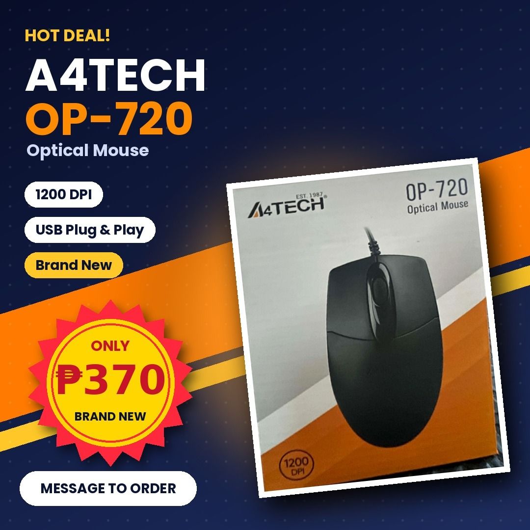 A4Tech OP-720 Optical Mouse (Category: Mouse & Mousepads) located in Santa Rosa. Submitted by sonjhazen (Listing ID 1467026879, Image 1). Description: - Brand new & sealed in original box - 1200 DPI optical sensor for smooth cursor control - USB plug-and-play (no drivers required) - Reliable wired connection for everyday office or home use - Classic black colorway.