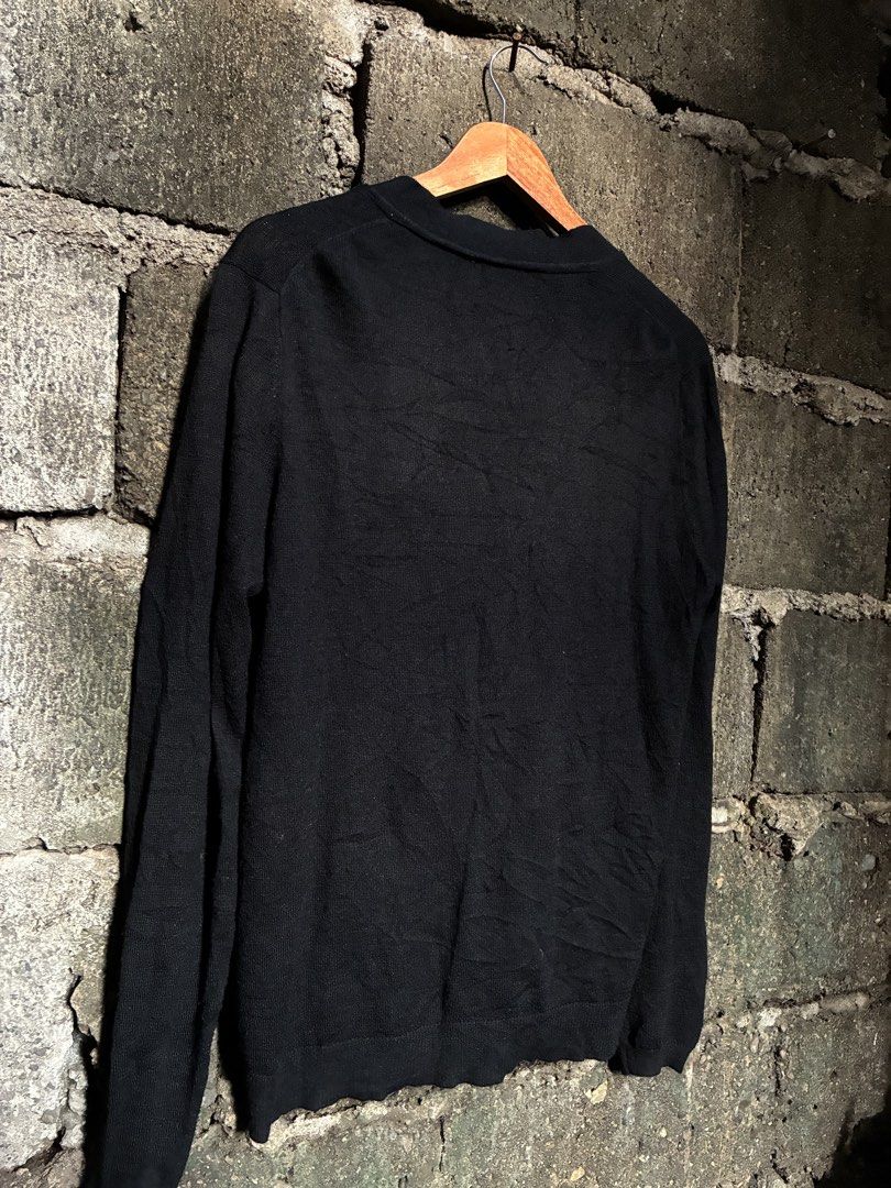 Acne Studios College Face Wool Cardigan Black (Category: Longsleeves) located in Manila. Submitted by assortedgoodsv3 (Listing ID 1467165741, Image 2). Description: - Brand: Acne Studios - Item: Black wool cardigan - Size: Large (L) - Material: 100% wool knit (lightweight & warm) - Design: V-neck, front button closure, ribbed cuffs & hem - Detail: Signature face logo patch on the left chest - Condition: Clean, tags intact.
