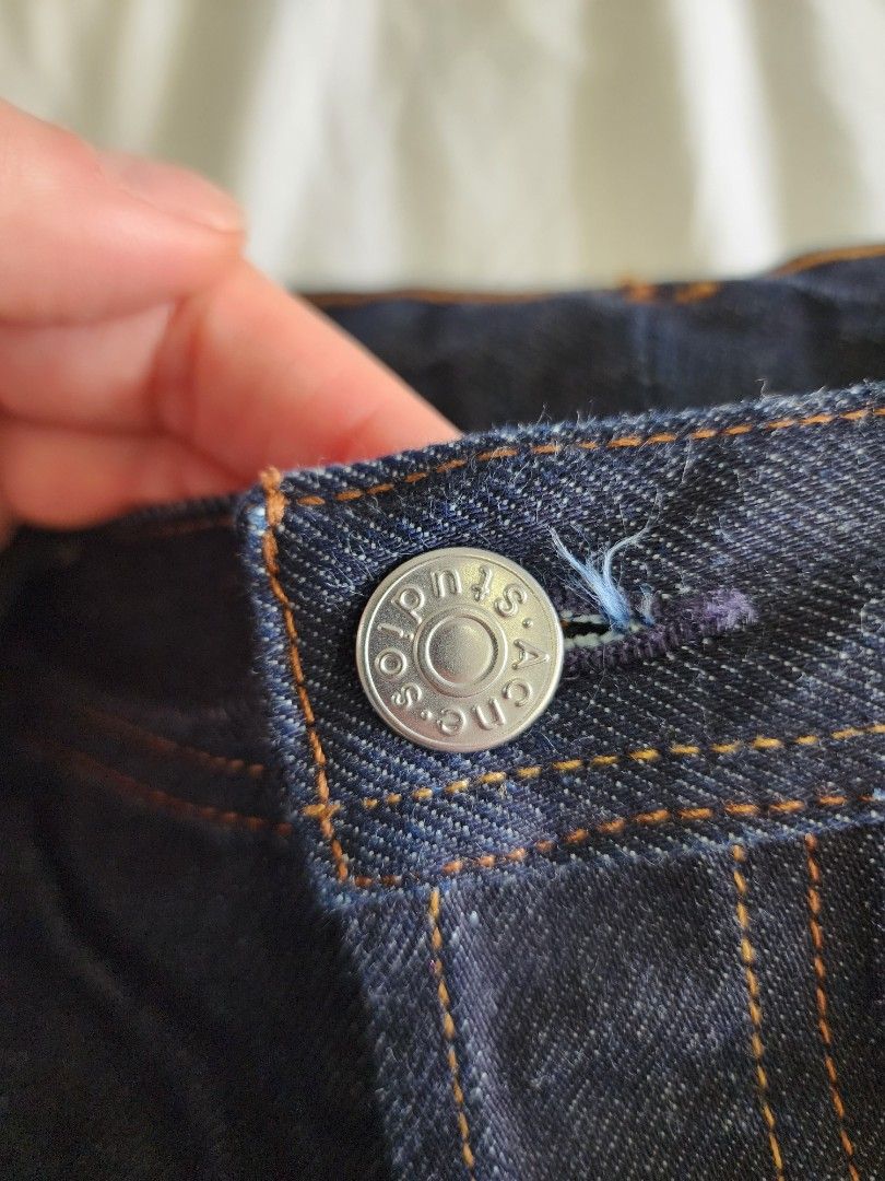 Acne Studios Jeans (Category: Jeans) located in Taguig. Submitted by groovefunknsoul (Listing ID 1467007400, Image 3). Description: - Brand: Blå Konst Acne Studios - Style: Dark wash straight leg denim jeans - Details: Classic contrast stitching and branded metal button - Origin: Made in Italy - Size: Tagged 29 x 32; altered waist to fit 27/28, and length cut to measured tap above (see pictures).