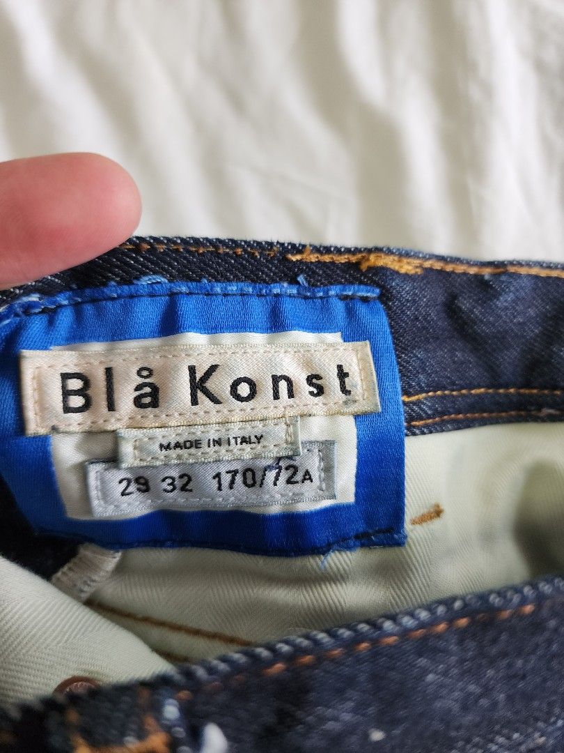 Acne Studios Jeans (Category: Jeans) located in Taguig. Submitted by groovefunknsoul (Listing ID 1467007400, Image 2). Description: - Brand: Blå Konst Acne Studios - Style: Dark wash straight leg denim jeans - Details: Classic contrast stitching and branded metal button - Origin: Made in Italy - Size: Tagged 29 x 32; altered waist to fit 27/28, and length cut to measured tap above (see pictures).