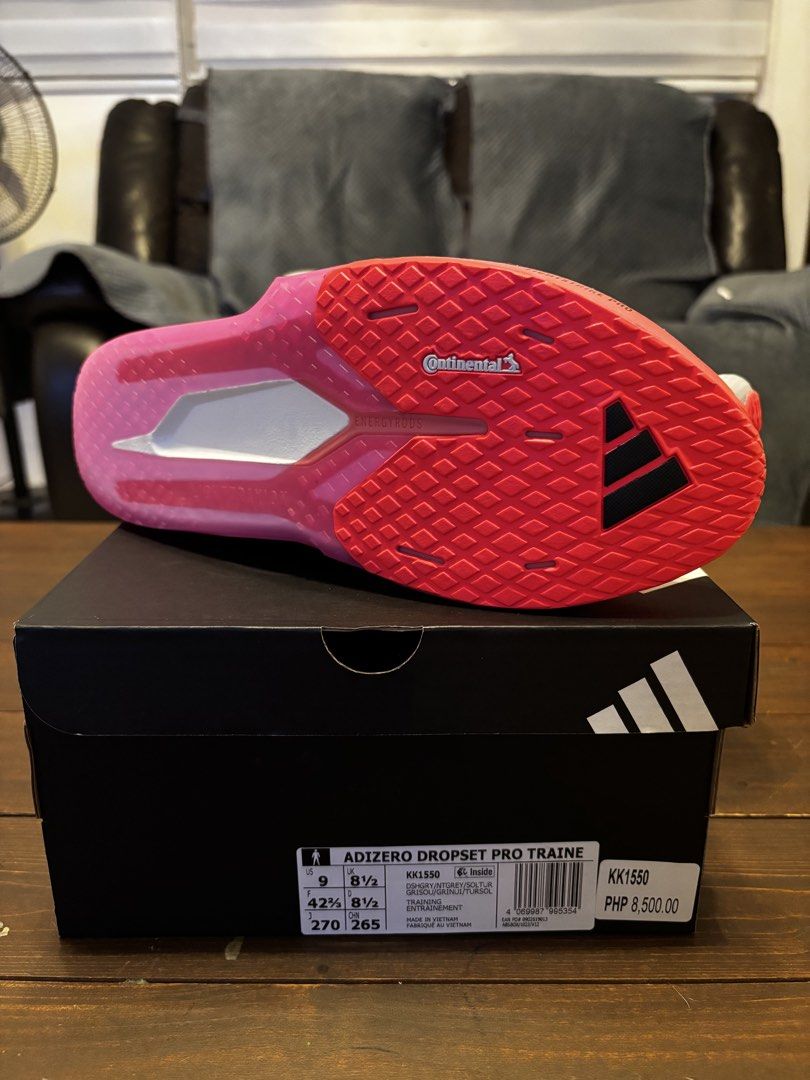 Adidas Adizero Dropset Pro Trainer (Category: Sneakers) located in Quezon City. Submitted by jhscbm0128 (Listing ID 1467074980, Image 2). Description: - Brand: Adidas Adizero Dropset Pro Trainer - Colorway: DSHGRY/NTGREY/SOLTUR - Size: US 9 / UK 8.5 / EU 42 2/3 - Condition: Brand new, never worn, with original box and store tag - Store Price Tag: PHP 8,500 - Key Features: Lightstrike Pro foam midsole, Energyrods for propulsion, and Continental ru