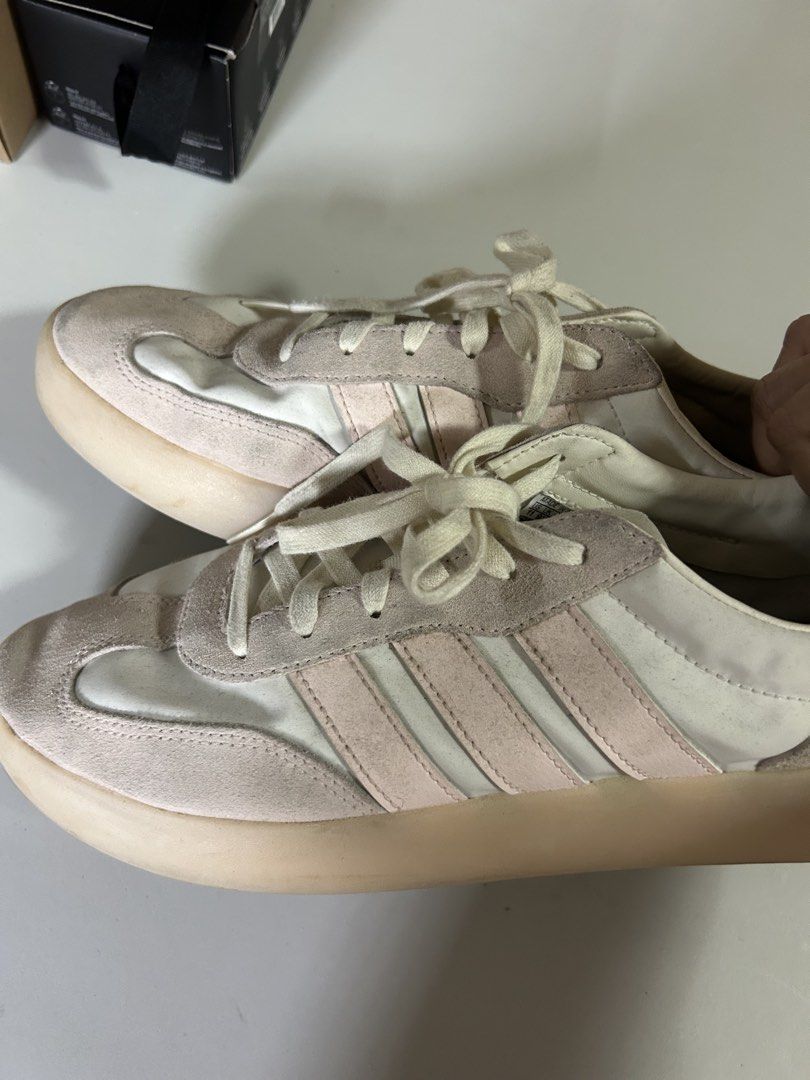 Adidas Barreda Pink Suede (Category: Sneakers) located in Taytay. Submitted by teddyy08 (Listing ID 1467104385, Image 1). Description: - Brand: Adidas - Colorway: Cream and pale pink - Condition: Minor signs of wear on the midsoles, still in great overall condition.